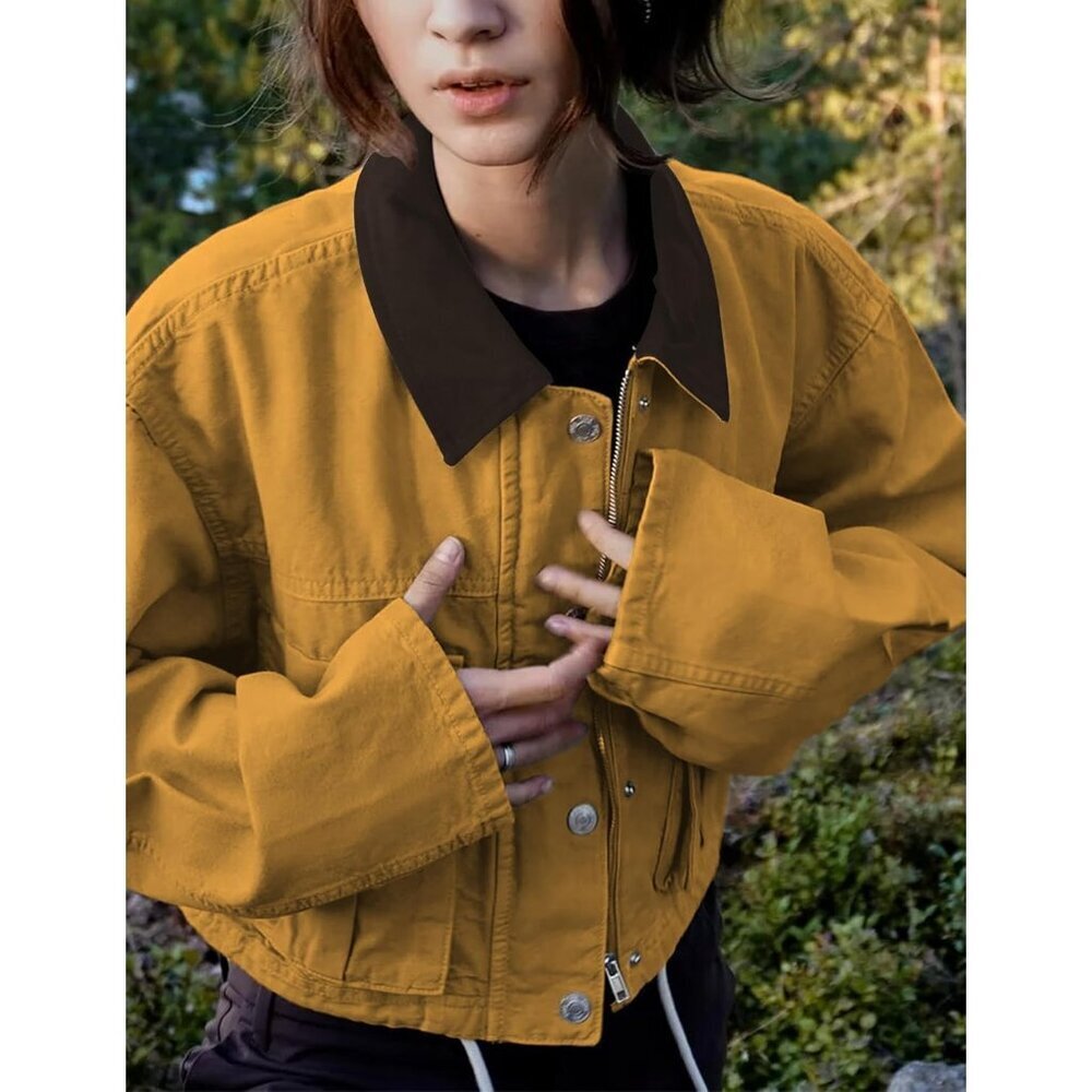 Women's Yellow Cropped Contrast Collar Utility Coat Cargo Jacket Imported - Picture 2 of 6
